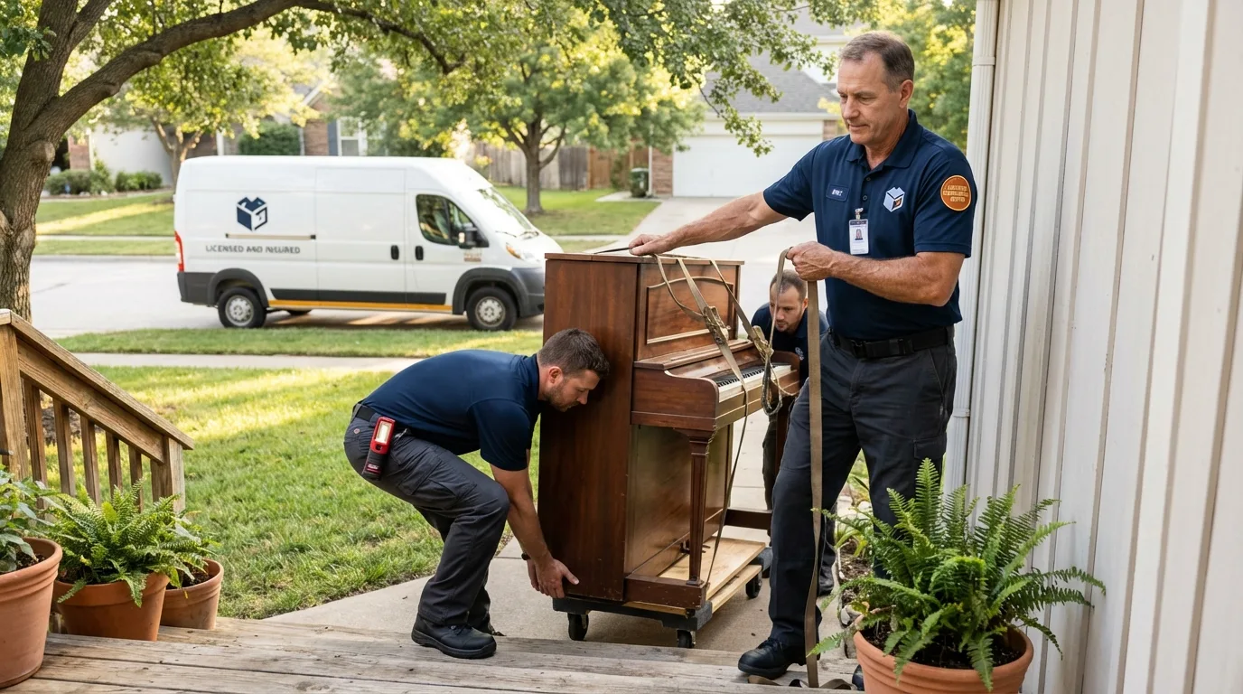 Licensed piano movers securing grand piano in Bryant, AR